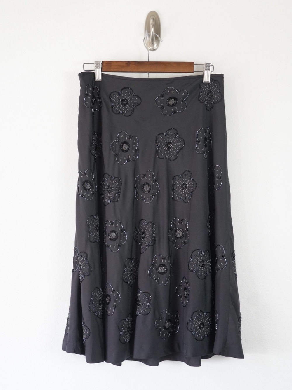 Vintage Miss Sixty Black Beaded Floral Midi Skirt M